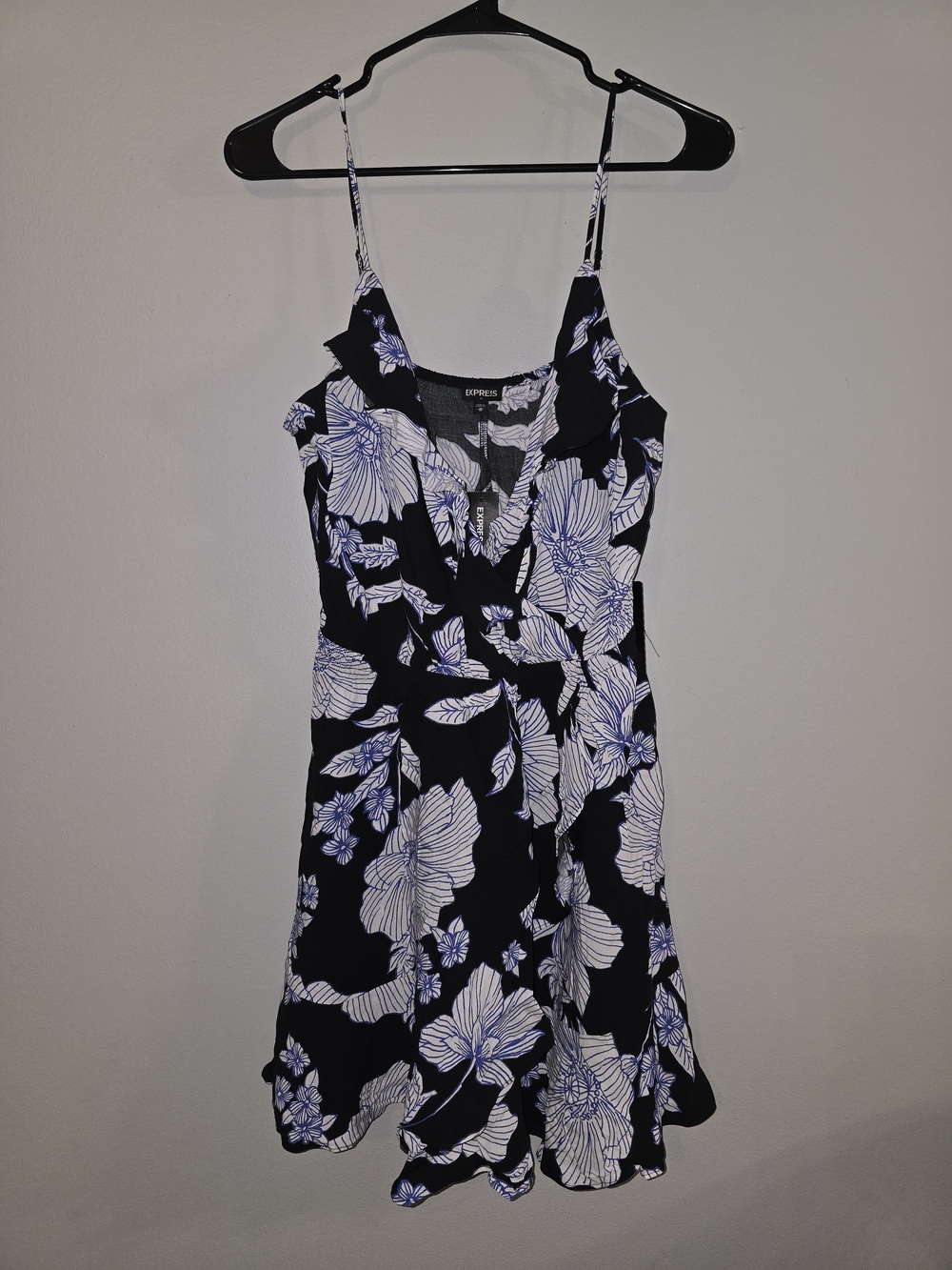 Express Black Floral Mini Dress with White and Blueish Purple Accents